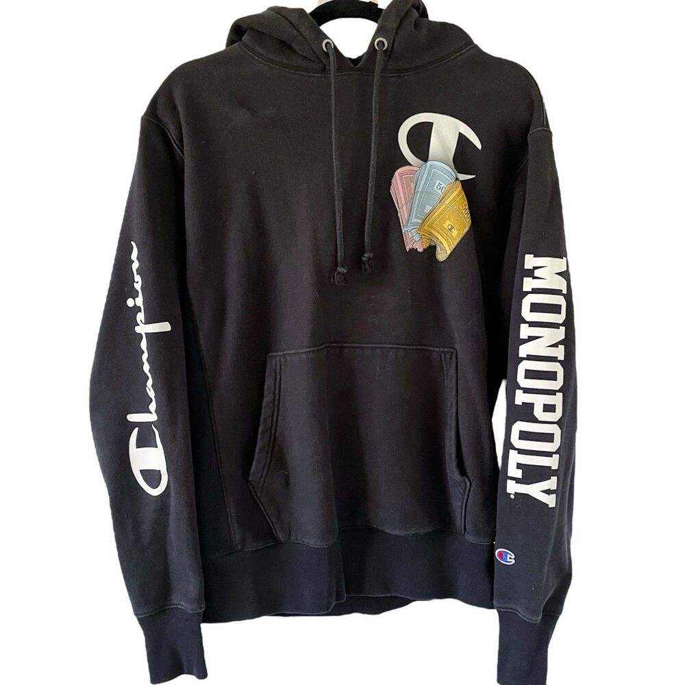 Champion Reverse Weave Monopoly Money Men's Medium Black Cash Logo Black Hoodie